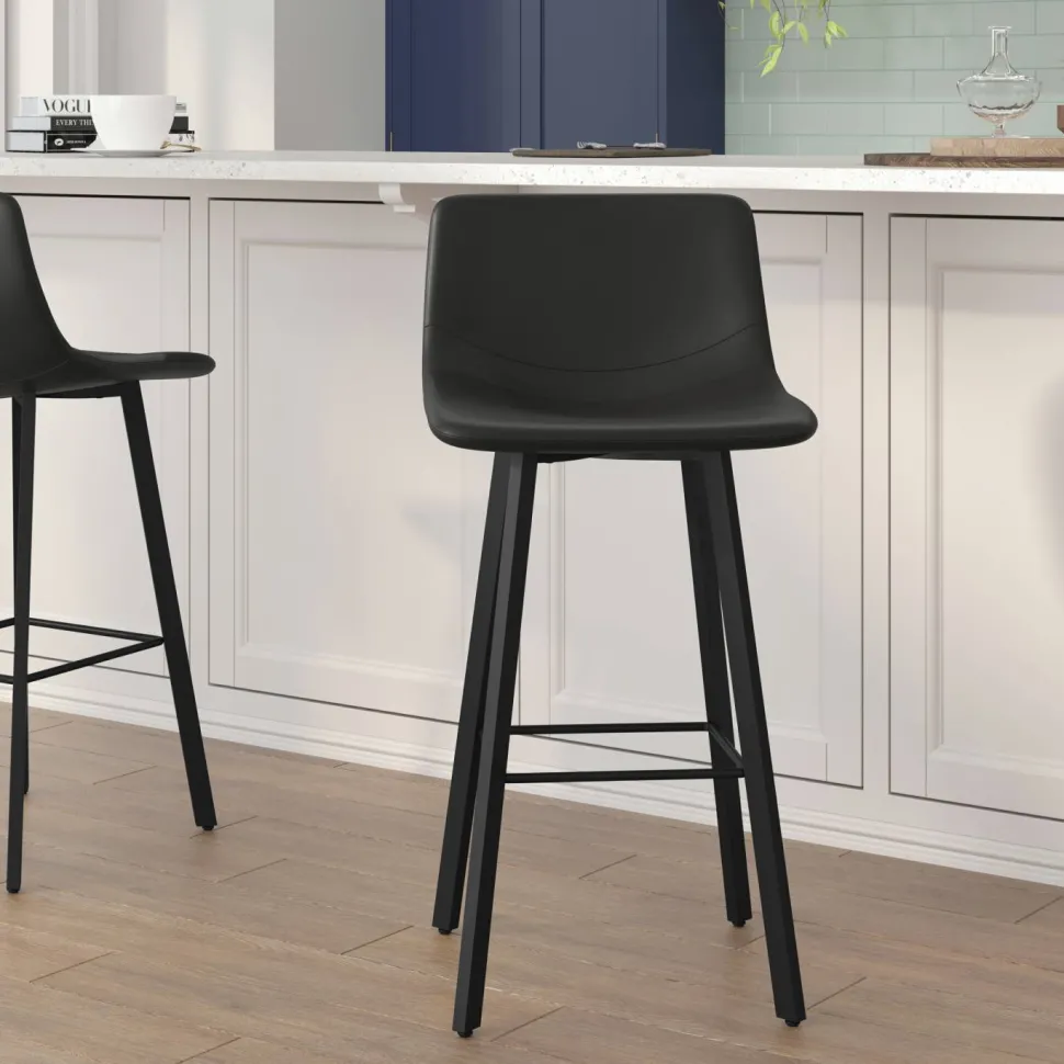 Caleb Modern Armless 30 Inch Bar Height Commercial Grade Barstools with Footrests in Black LeatherSoft and Black Matte Iron Frames, Set of 2