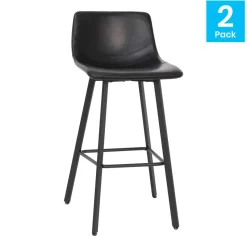 Caleb Modern Armless 30 Inch Bar Height Commercial Grade Barstools with Footrests in Black LeatherSoft and Black Matte Iron Frames, Set of 2