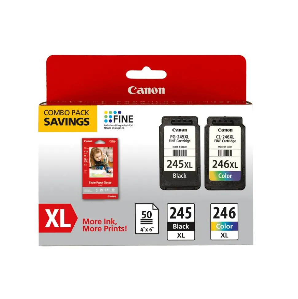 Canon PG-245XL Black/CL-246XL Tri-Color High-Yield Ink Cartridges And Paper, Pack Of 2, 8278B005
