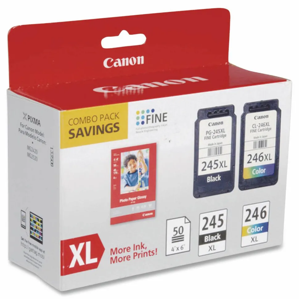 Canon PG-245XL Black/CL-246XL Tri-Color High-Yield Ink Cartridges And Paper, Pack Of 2, 8278B005