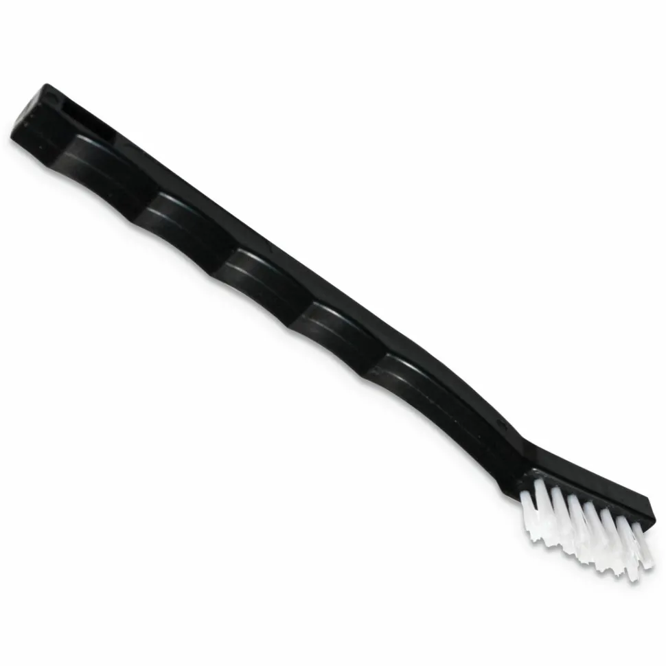 Carlisle Flo-Pac Utility Toothbrush Style Maintenance Brush, White Nylon Bristles, 7.25" Brush, 7" Black Polypropylene Handle