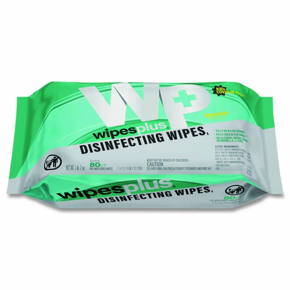 Carlisle WipesPlus Disinfecting Surface Wipes, Flat Pack, 1-Ply, 7 x 8, Lemon, White, 80 Wipes/Refill Pack, 12 Packs/Carton