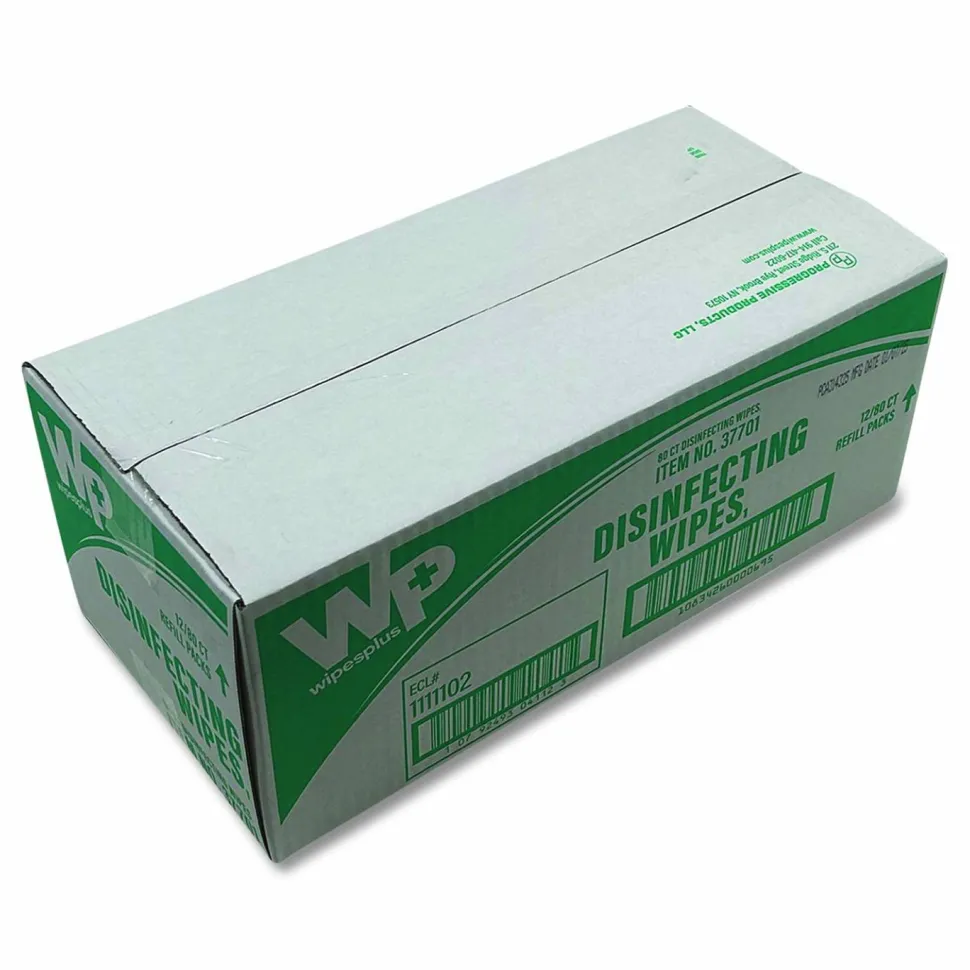 Carlisle WipesPlus Disinfecting Surface Wipes, Flat Pack, 1-Ply, 7 x 8, Lemon, White, 80 Wipes/Refill Pack, 12 Packs/Carton