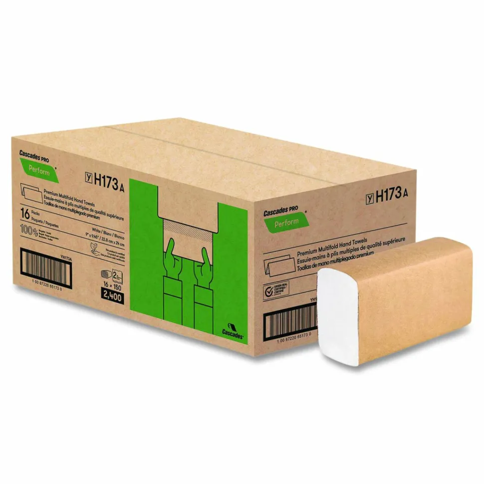 Cascades PRO Perform Multifold Towels, 2-Ply, 9 x 9.45, White, 150/Pack, 16 Packs/Carton