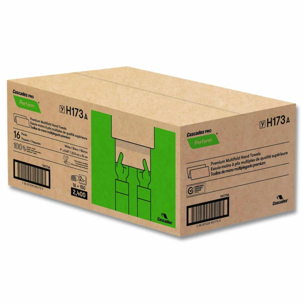 Cascades PRO Perform Multifold Towels, 2-Ply, 9 x 9.45, White, 150/Pack, 16 Packs/Carton