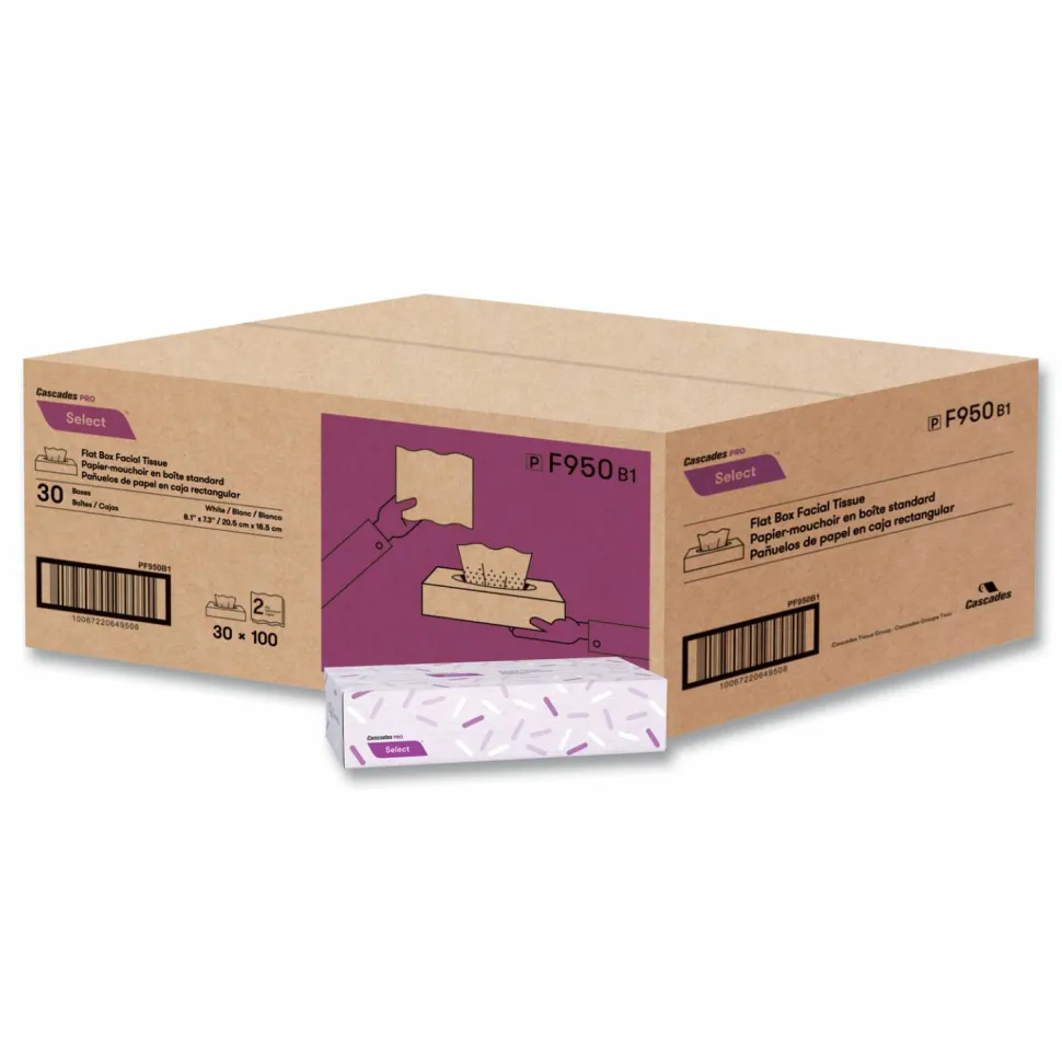 Cascades PRO Select Flat Box Facial Tissue, 2-Ply, White, 100 Sheets/Box, 30 Boxes/Carton