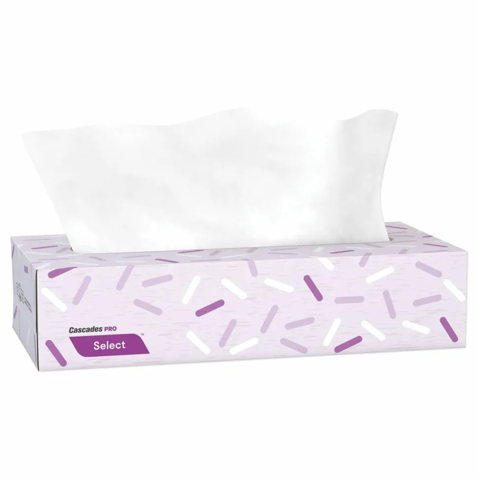 Cascades PRO Select Flat Box Facial Tissue, 2-Ply, White, 100 Sheets/Box, 30 Boxes/Carton