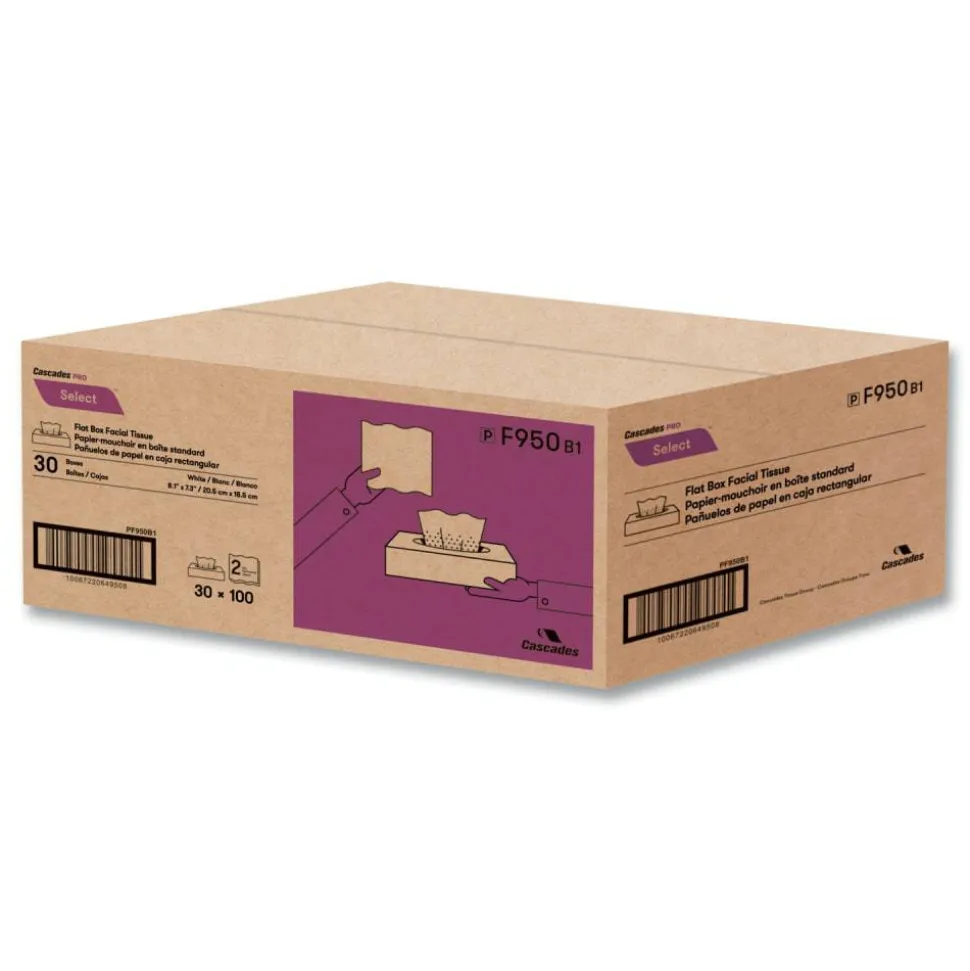 Cascades PRO Select Flat Box Facial Tissue, 2-Ply, White, 100 Sheets/Box, 30 Boxes/Carton