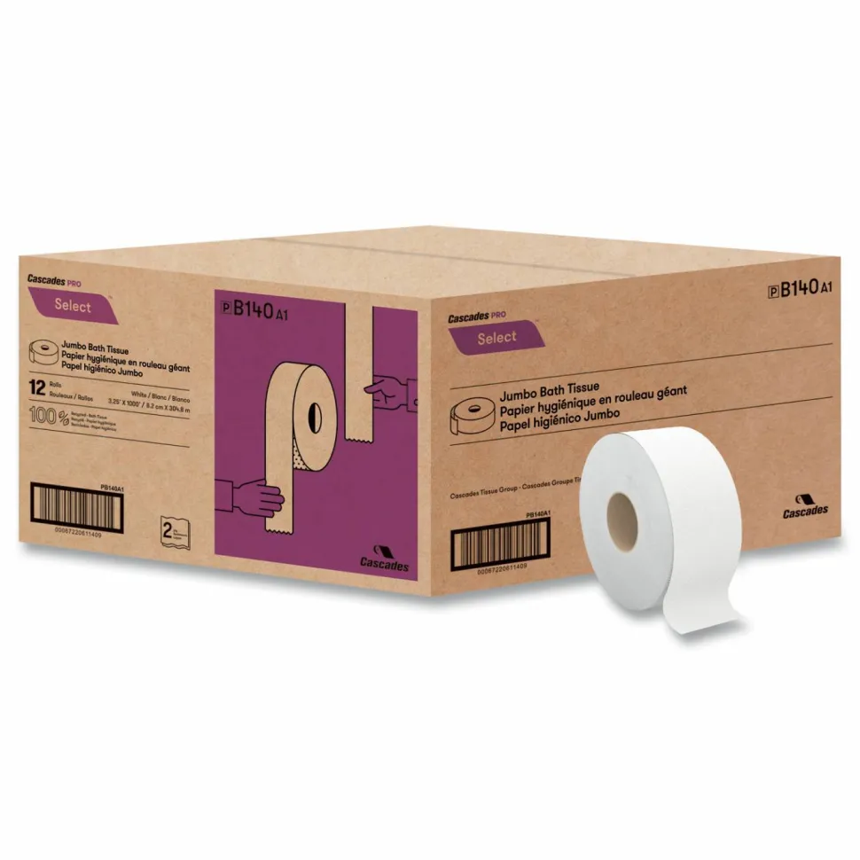 Cascades PRO Select Jumbo Bath Tissue, Septic Safe, 2 Ply, 3.3" x 1,000 ft, White, 12 Rolls/Carton