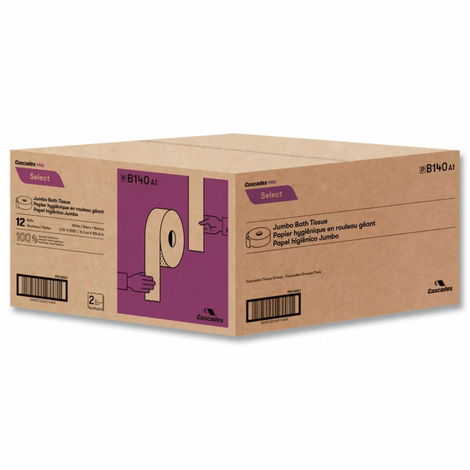 Cascades PRO Select Jumbo Bath Tissue, Septic Safe, 2 Ply, 3.3" x 1,000 ft, White, 12 Rolls/Carton