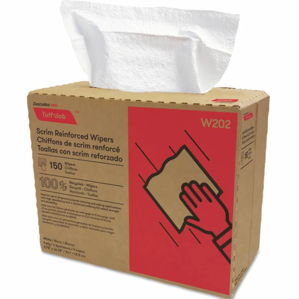 Cascades PRO Tuff-Job Scrim Reinforced Wipers, 4-Ply, 9.75 x 16.75, White, 150/Box, 6 Box/Carton