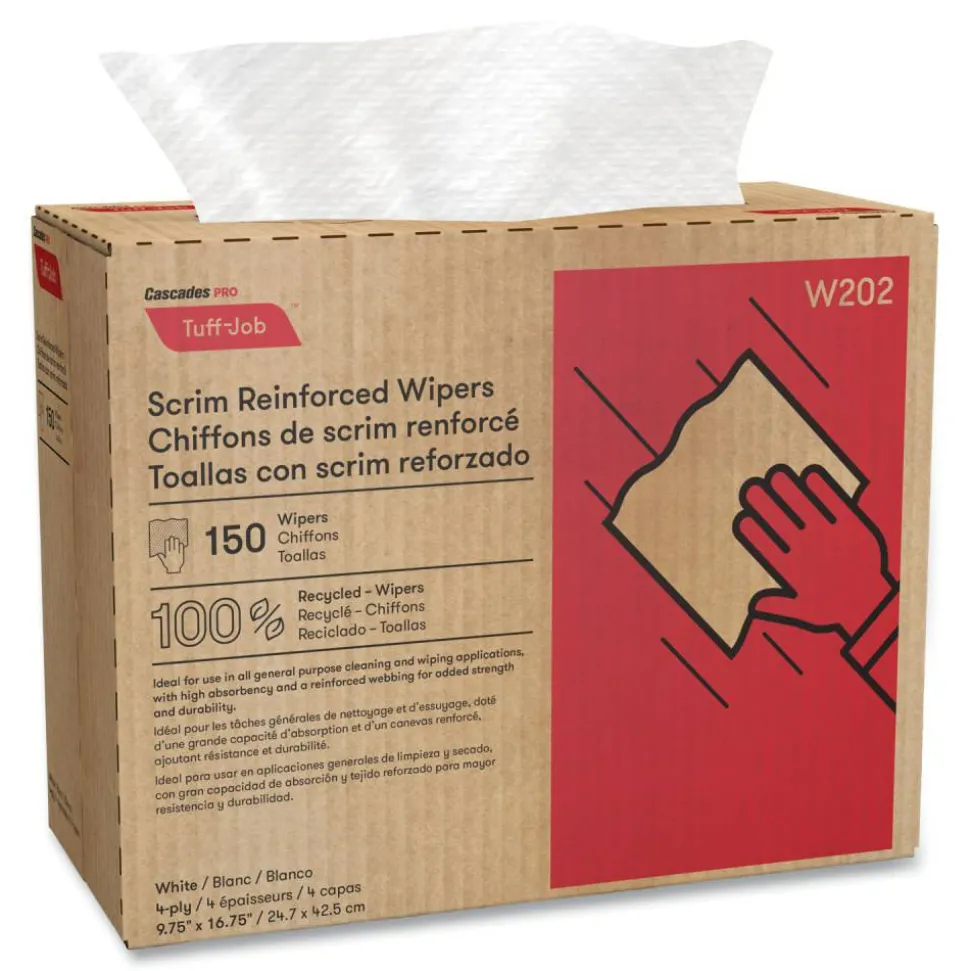 Cascades PRO Tuff-Job Scrim Reinforced Wipers, 4-Ply, 9.75 x 16.75, White, 150/Box, 6 Box/Carton