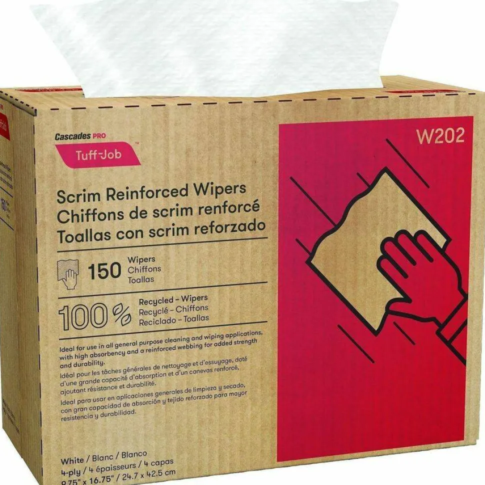 Cascades PRO Tuff-Job Scrim Reinforced Wipers, 4-Ply, 9.75 x 16.75, White, 150/Box, 6 Box/Carton