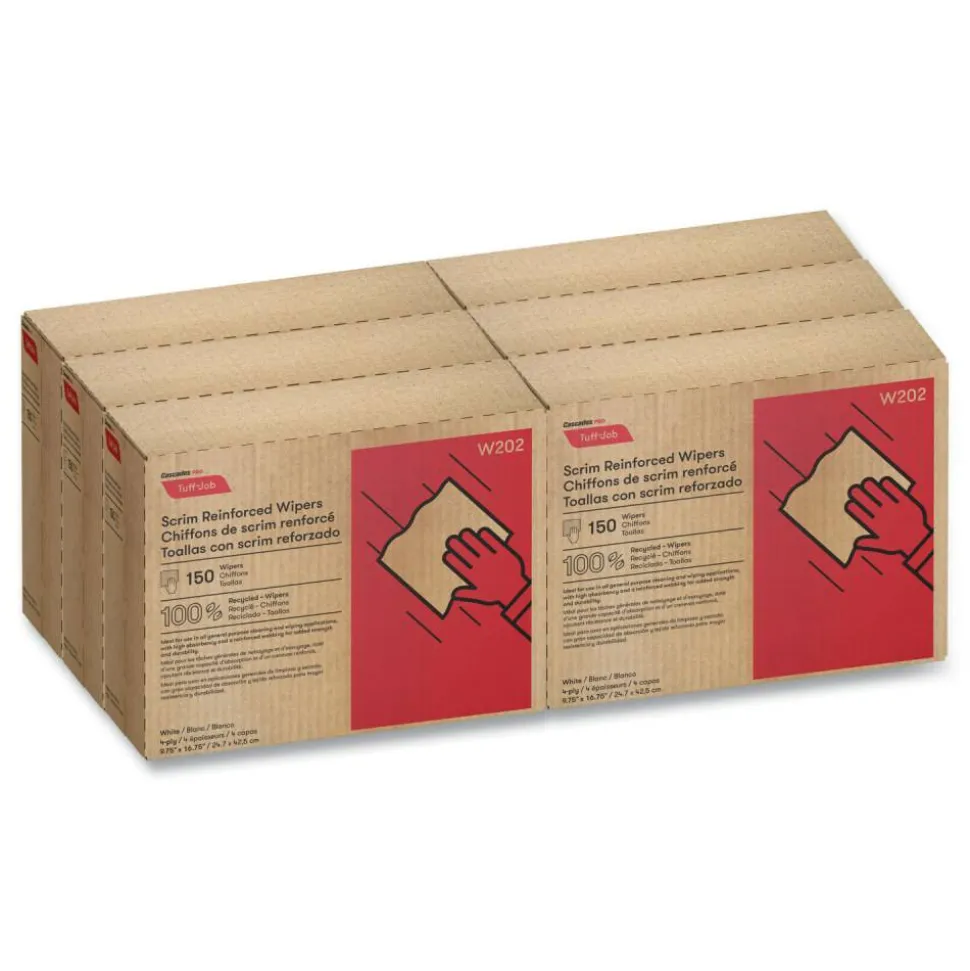 Cascades PRO Tuff-Job Scrim Reinforced Wipers, 4-Ply, 9.75 x 16.75, White, 150/Box, 6 Box/Carton