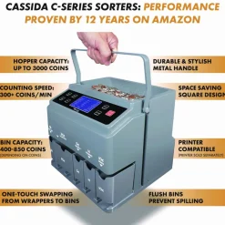 Cassida C300 Series Coin Sorter/Counter for Pennies, Nickels, Dimes, Quarters and Dollars, 300 coins/min, 11" x 11" x 10", Gray