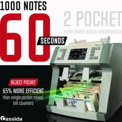 Cassida 9900R Two-Pocket Mixed Bill Counter, Three Speeds: 800 bills/min, 1,000 bills/min, 1,200 bills/min, 9.5 x 11 x 10.4, Gray