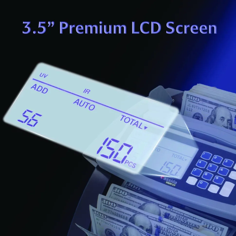 Cassida 5520UV/MG Cash Counter, 1,300 bills/min, 9.7" x 11.5" x 7.5", Gray