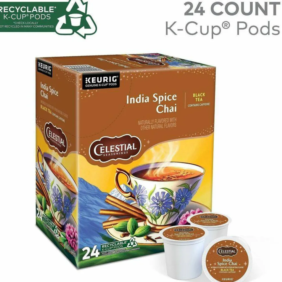 Celestial Seasonings Single-Serve K-Cup Pods, Original India Spice Chai Tea, Box Of 24