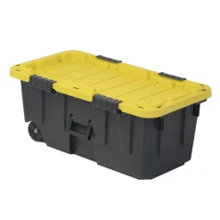Centrex Tough Box Wheeled Footlocker Tote With Lid, 20-Gallon, 32-1/4”L x 18-1/4”W x 13-1/2”H, 45% Recycled, Black/Yellow