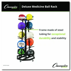 Champion Sports Deluxe Five-Row Mobile Medicine Ball Rack, Metal, 198 lb Capacity, 25" x 25" x 56", Black