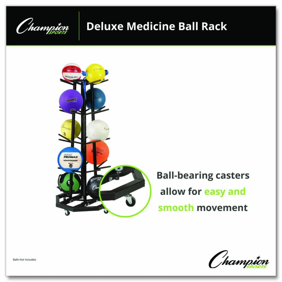 Champion Sports Deluxe Five-Row Mobile Medicine Ball Rack, Metal, 198 lb Capacity, 25" x 25" x 56", Black