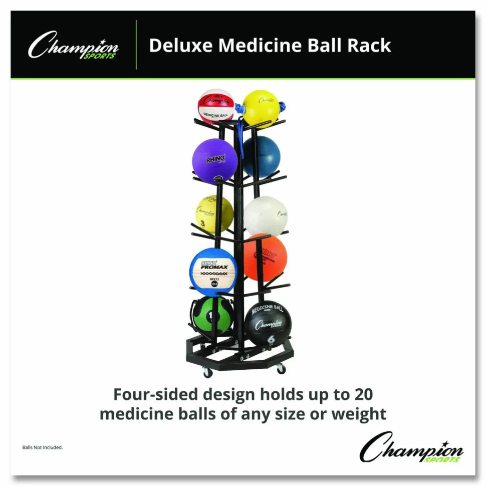 Champion Sports Deluxe Five-Row Mobile Medicine Ball Rack, Metal, 198 lb Capacity, 25" x 25" x 56", Black