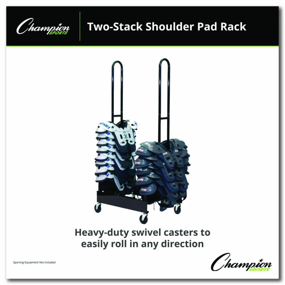 Champion Sports Mobile Two-Stack Shoulder Pad Rack, Metal, 176 lb Capacity, 24" x 30" x 69", Black