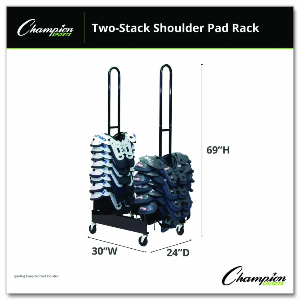 Champion Sports Mobile Two-Stack Shoulder Pad Rack, Metal, 176 lb Capacity, 24" x 30" x 69", Black