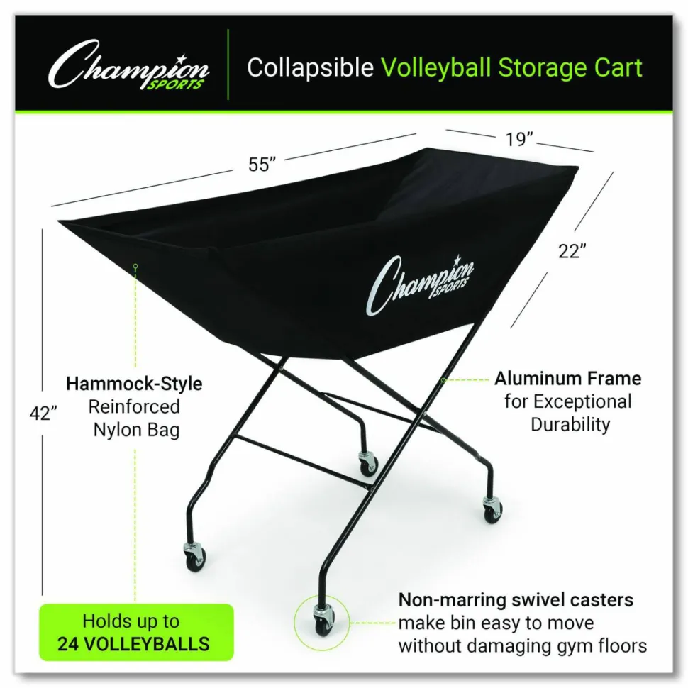 Champion Sports Pro Collapsible Volleyball Cart, 23" x 55" x 41", Black