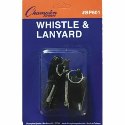 Champion Sports Sports Whistle with Black Nylon Lanyard, Plastic, Black, Dozen
