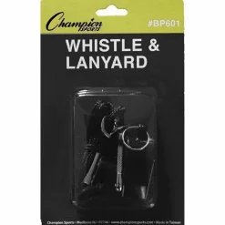 Champion Sports Sports Whistle with Black Nylon Lanyard, Plastic, Black, Dozen