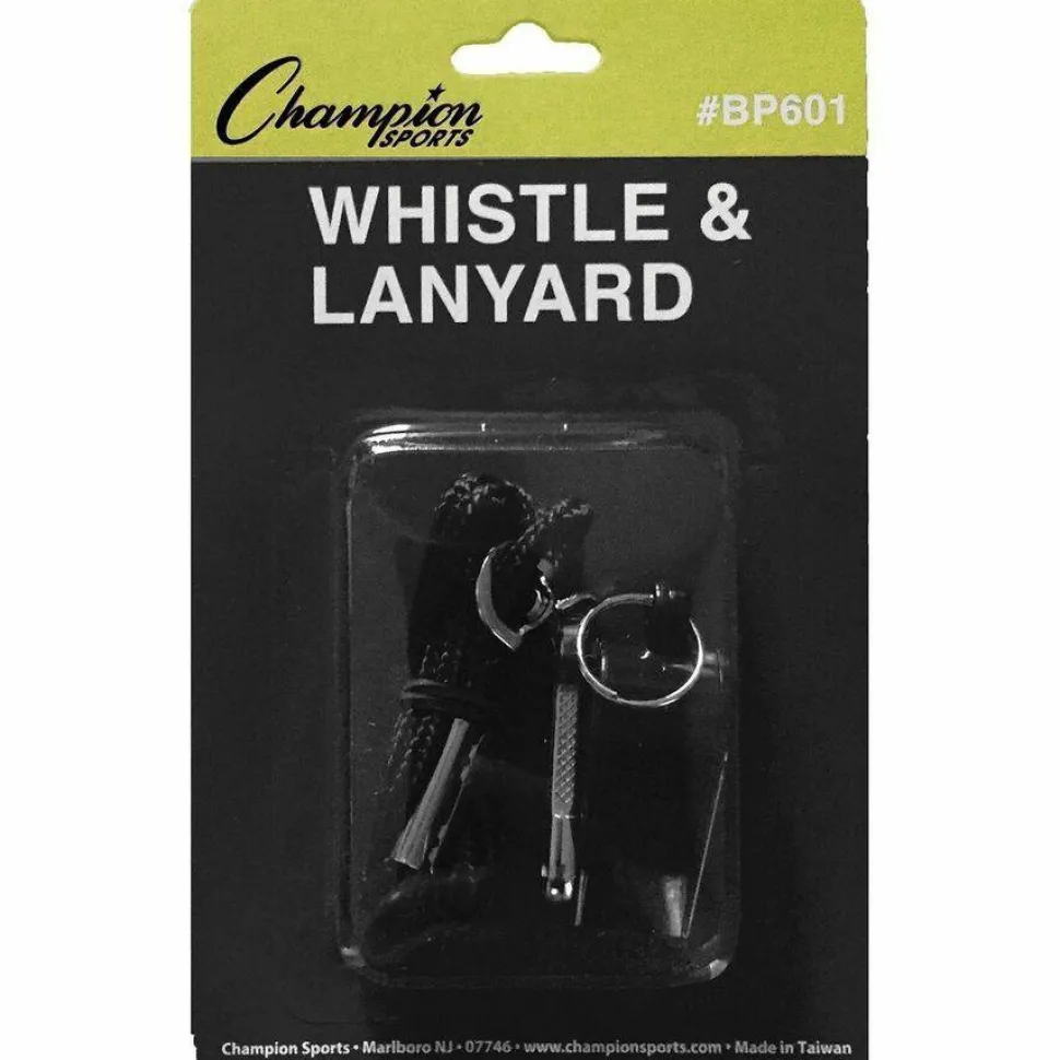 Champion Sports Sports Whistle with Black Nylon Lanyard, Plastic, Black, Dozen