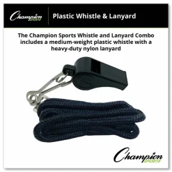 Champion Sports Sports Whistle with Black Nylon Lanyard, Plastic, Black, Dozen