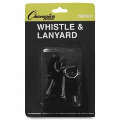Champion Sports Sports Whistle with Black Nylon Lanyard, Plastic, Black, Dozen