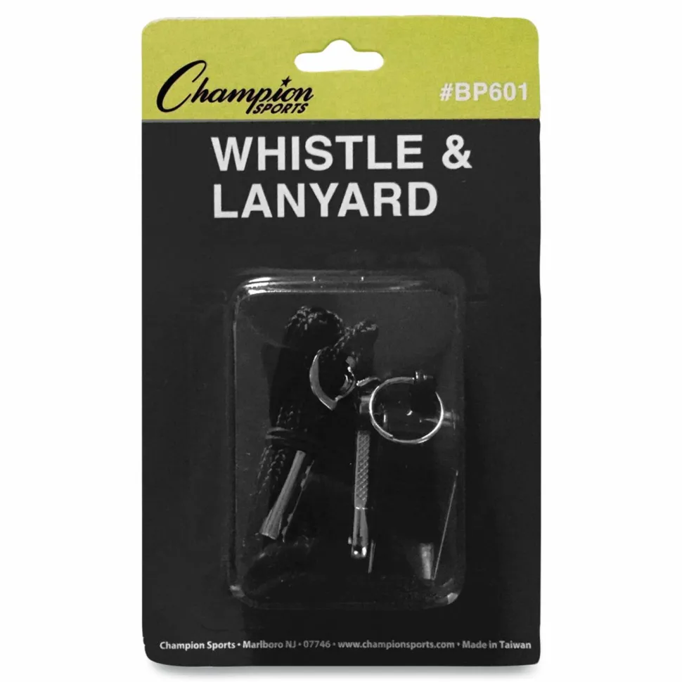 Champion Sports Sports Whistle with Black Nylon Lanyard, Plastic, Black, Dozen