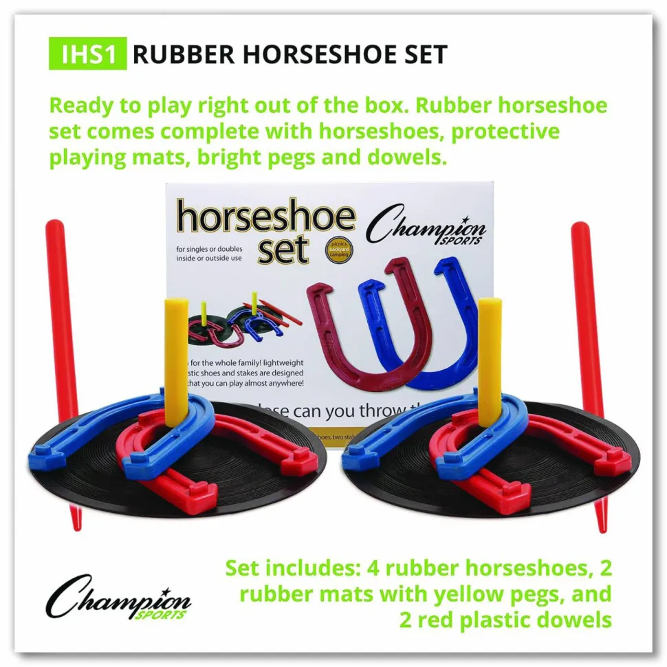 Champion Sports Steel Horseshoe Set, (4) Horseshoes/(2) 24" Stakes/Nylon Carry Bag