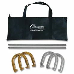 Champion Sports Steel Horseshoe Set, (4) Horseshoes/(2) 24" Stakes/Nylon Carry Bag