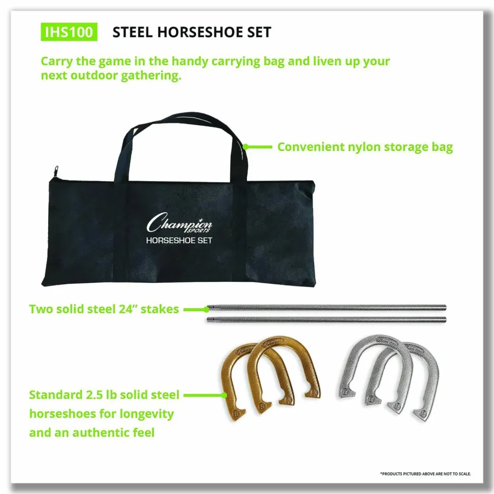 Champion Sports Steel Horseshoe Set, (4) Horseshoes/(2) 24" Stakes/Nylon Carry Bag