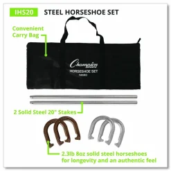Champion Sports Steel Horseshoe Set, (4) Horseshoes/(2) 20" Stakes/Nylon Carry Bag