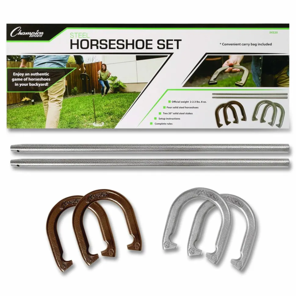 Champion Sports Steel Horseshoe Set, (4) Horseshoes/(2) 20" Stakes/Nylon Carry Bag