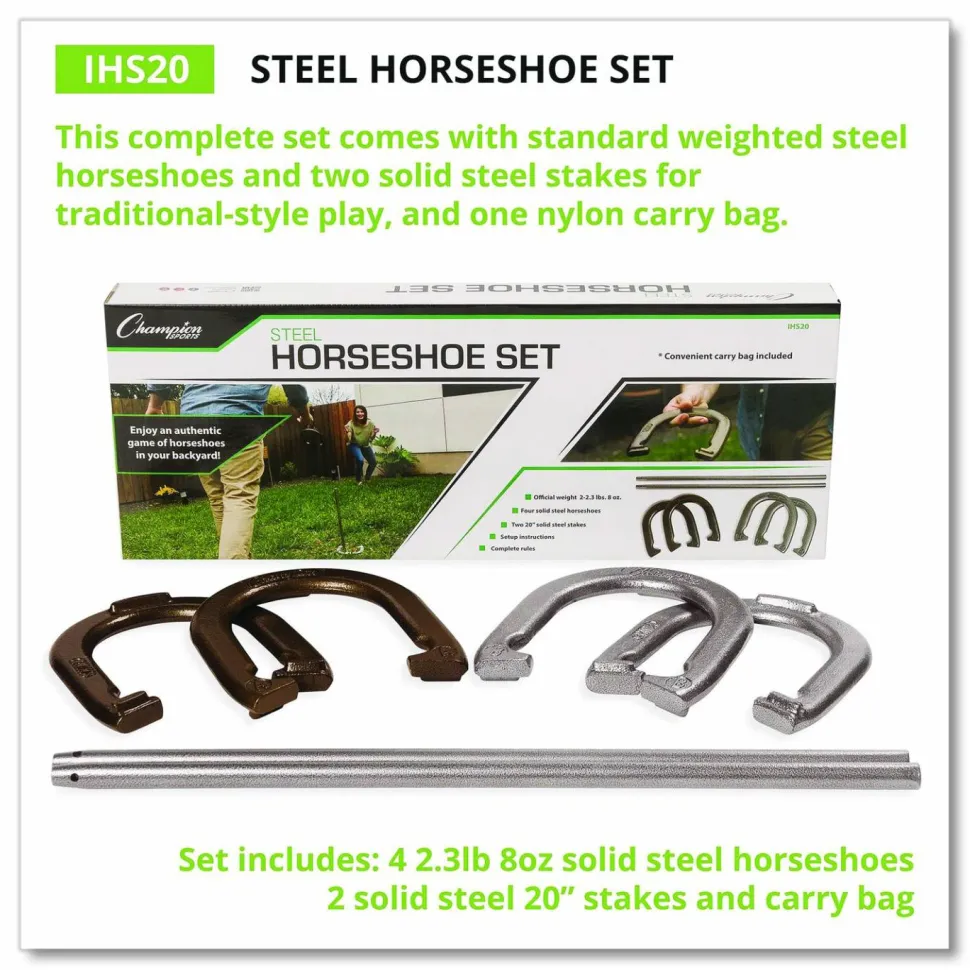 Champion Sports Steel Horseshoe Set, (4) Horseshoes/(2) 20" Stakes/Nylon Carry Bag