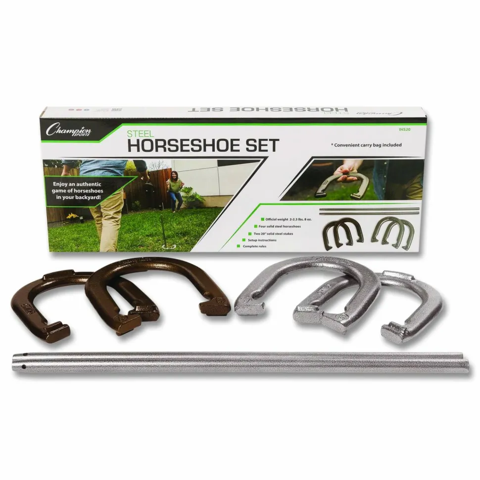 Champion Sports Steel Horseshoe Set, (4) Horseshoes/(2) 20" Stakes/Nylon Carry Bag