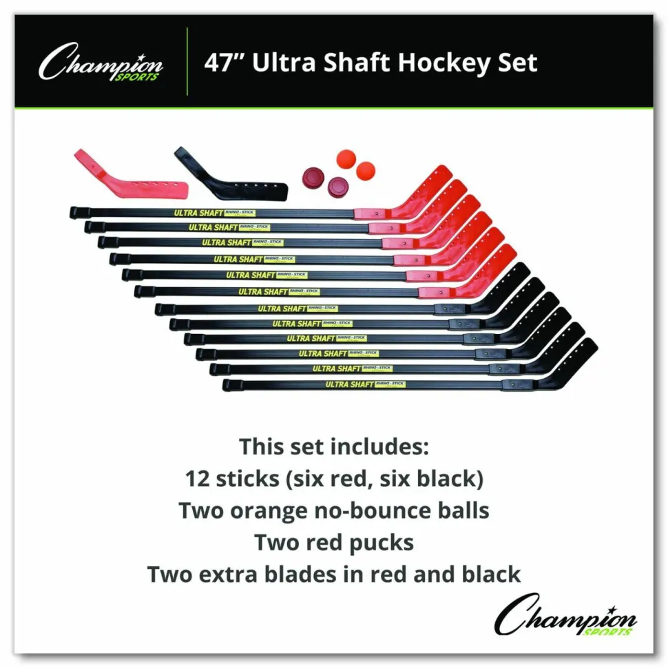 Champion Sports Ultra Shaft Hockey Set, Twelve 47' Hockey Sticks/Two Pucks/Two Balls/Two Extra Blades