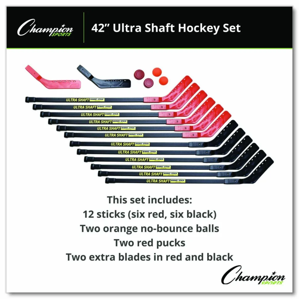 Champion Sports Ultra Shaft Hockey Set, Twelve 42" Hockey Sticks/Two Pucks/Two Balls/Two Extra Blades
