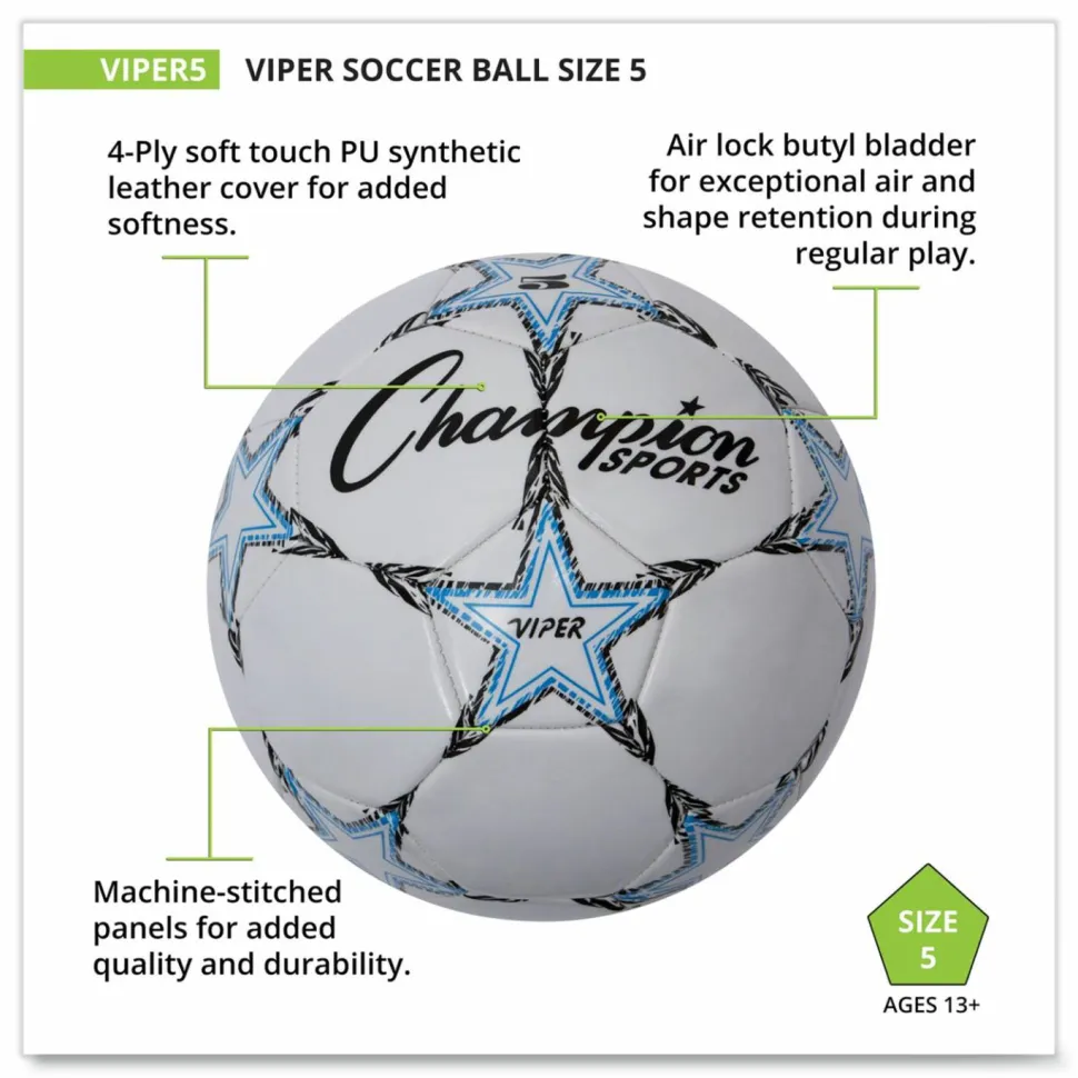 Champion Sports VIPER Soccer Ball, No. 5. Size, 8.5" to 9" Diameter, White