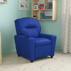 Chandler Contemporary Blue Vinyl Kids Recliner with Cup Holder