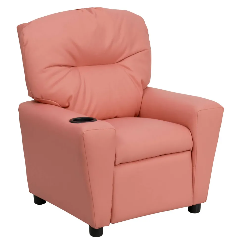 Chandler Contemporary Pink Vinyl Kids Recliner with Cup Holder
