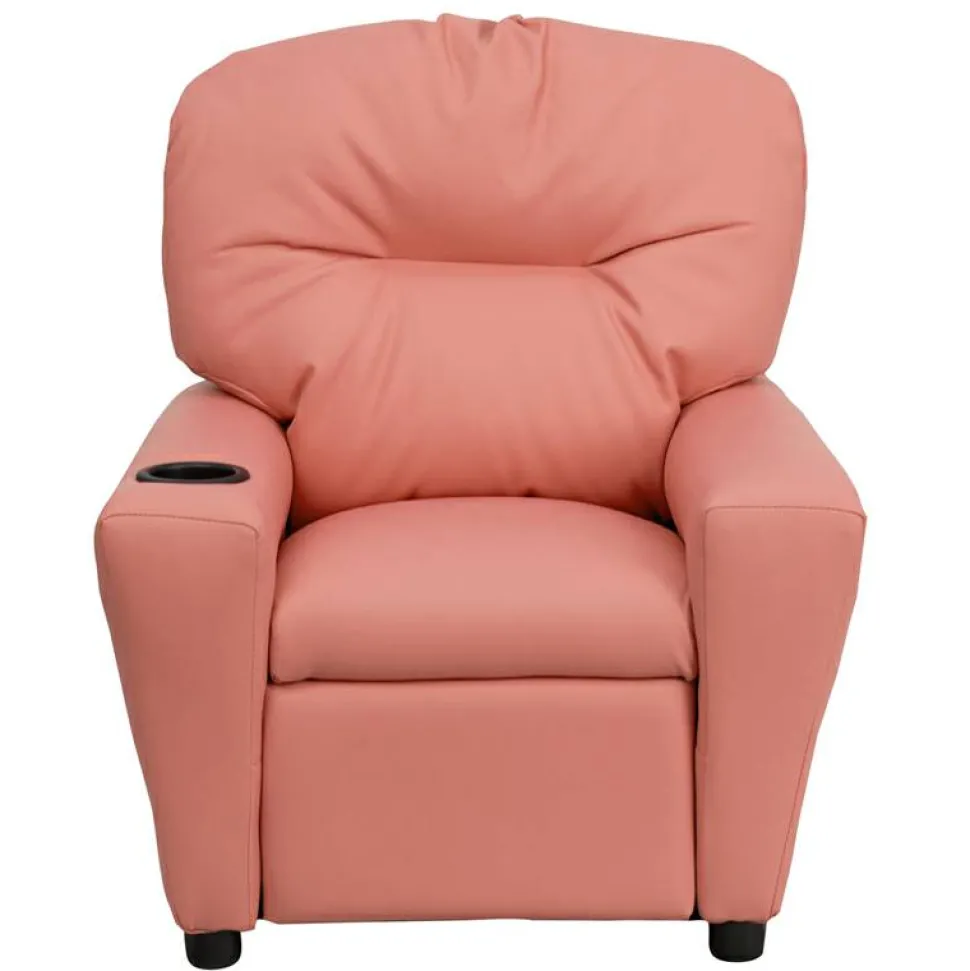 Chandler Contemporary Pink Vinyl Kids Recliner with Cup Holder