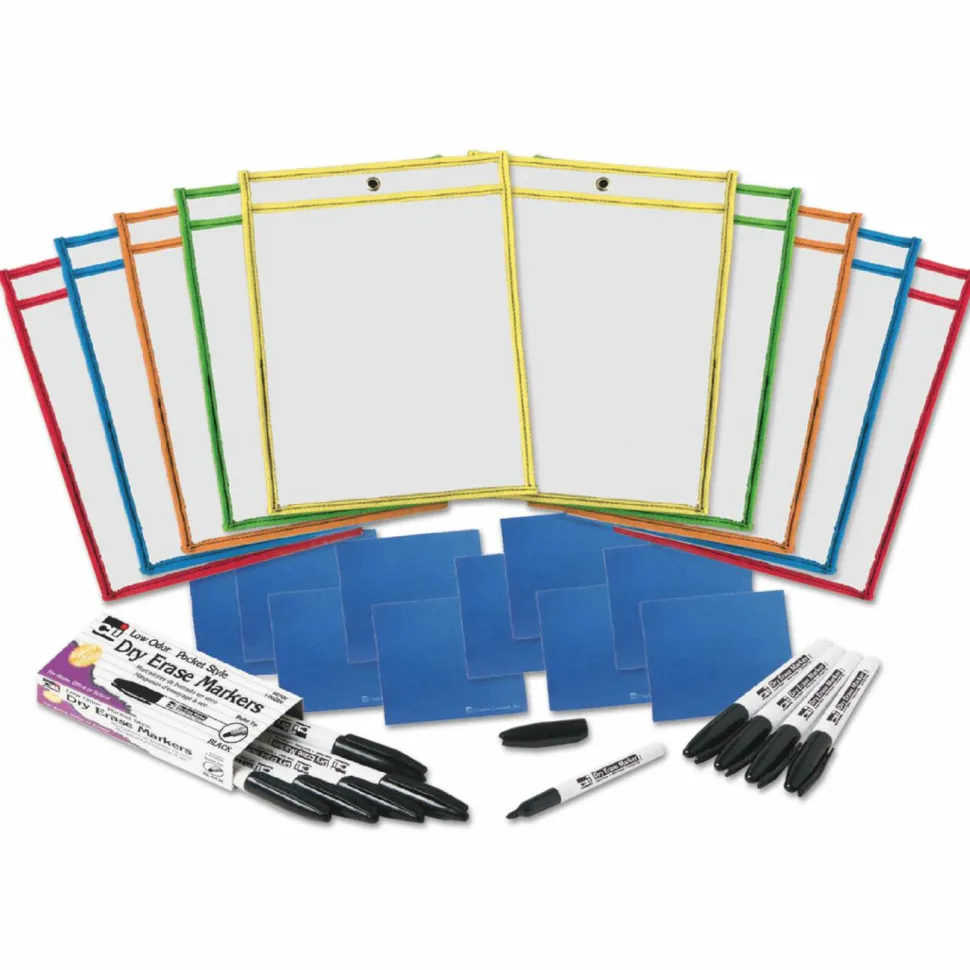 Charles Leonard Dry Erase Pocket Class Pack, Heavy-Duty, Side Load 9 x 12 Insert, Clear Front, Assorted Border Colors, 10/Pack