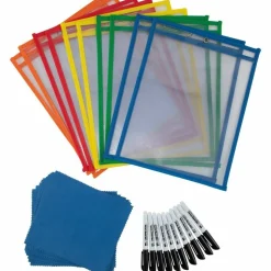 Charles Leonard Dry Erase Pocket Class Pack, Heavy-Duty, Side Load 9 x 12 Insert, Clear Front, Assorted Border Colors, 10/Pack